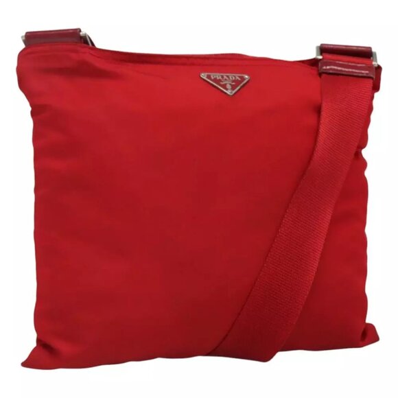 PRADA Shoulder Bag Nylon Red Silver Auth 115501 - Picture 1 of 14